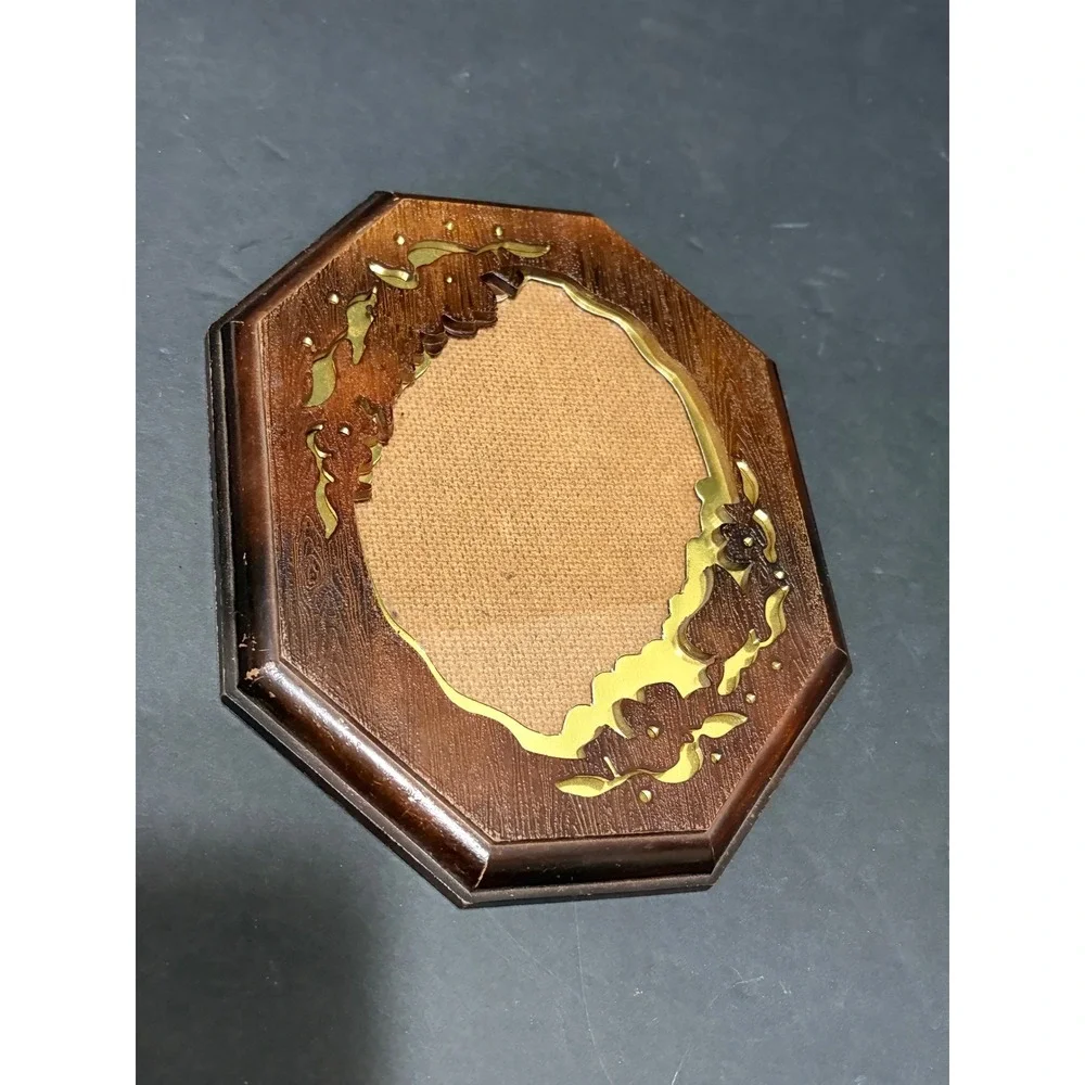 Vintage Octagonal Faux Wood Picture Frame Gold Floral Filigree 8x6.5
